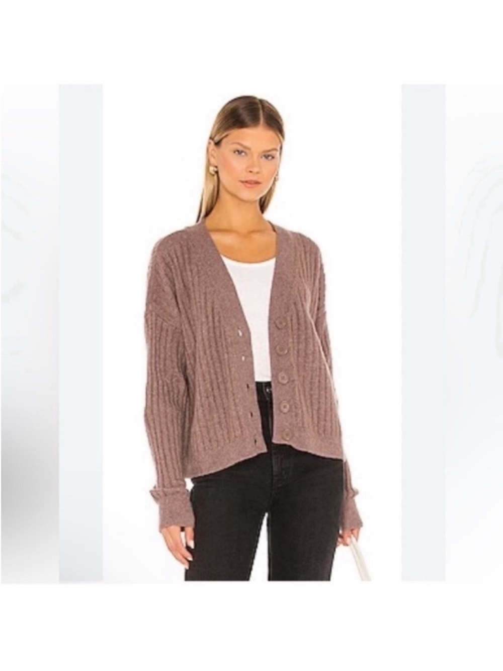 Sanctuary Cozy Ribbed Knit Button Front Sweater Cardigan Sz L Plum V neck